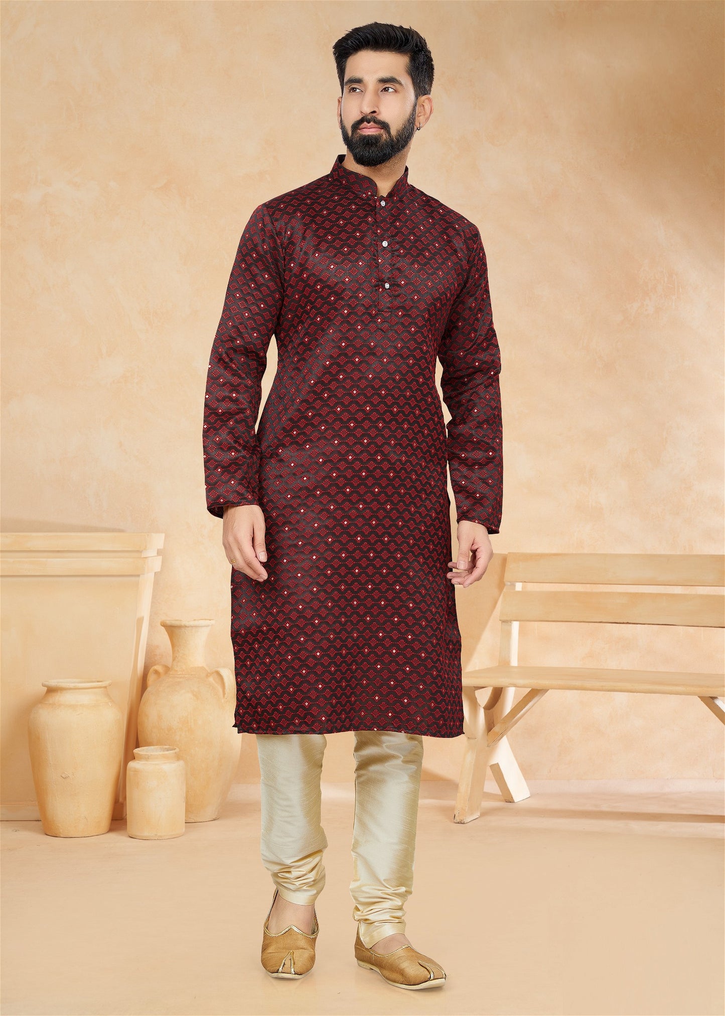 Jacquard Party Wear Kurta Pajama Maroon Colour