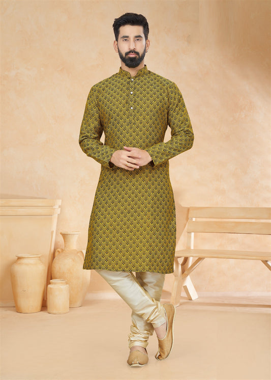 Jacquard Party Wear Kurta Pajama Mustard Colour