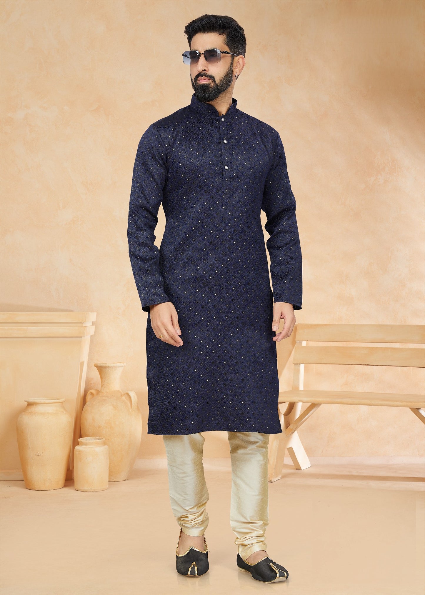 Jacquard Party Wear Kurta Pajama Navy Blue Colour