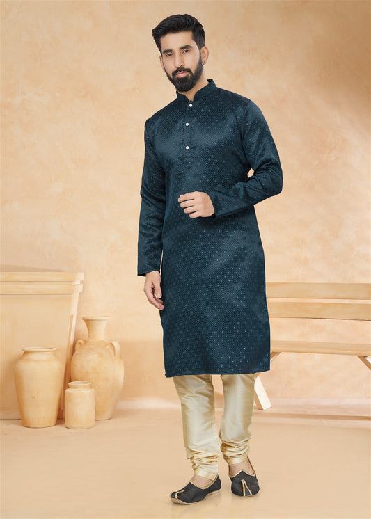 Jacquard Party Wear Kurta Pajama Teal Blue Colour