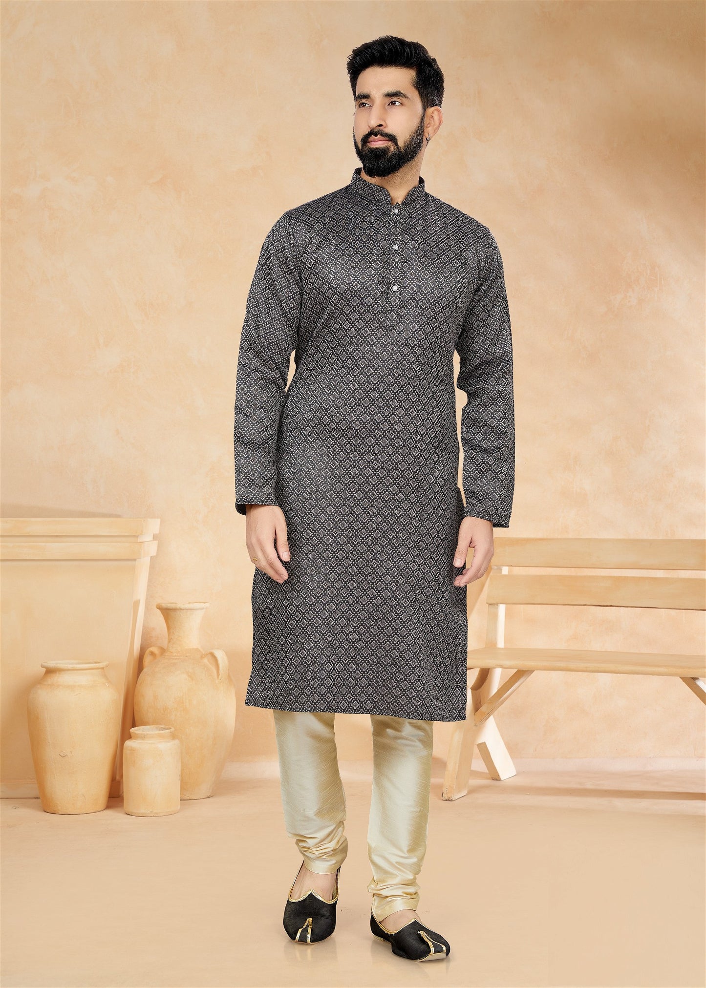 Jacquard Party Wear Kurta Pajama Black Colour