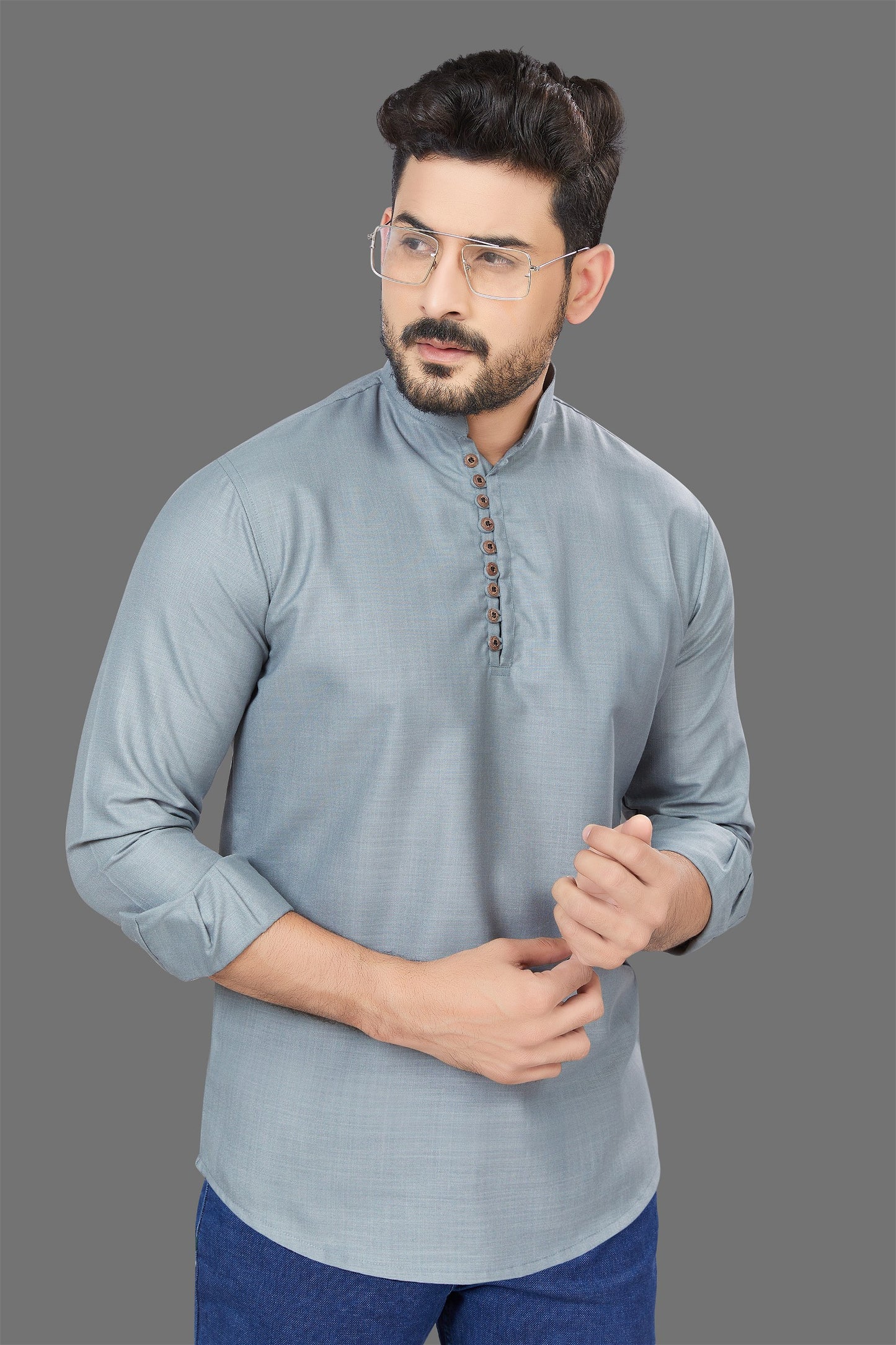 Grey Plain Casual Wear Cotton Short Kurta For Mens