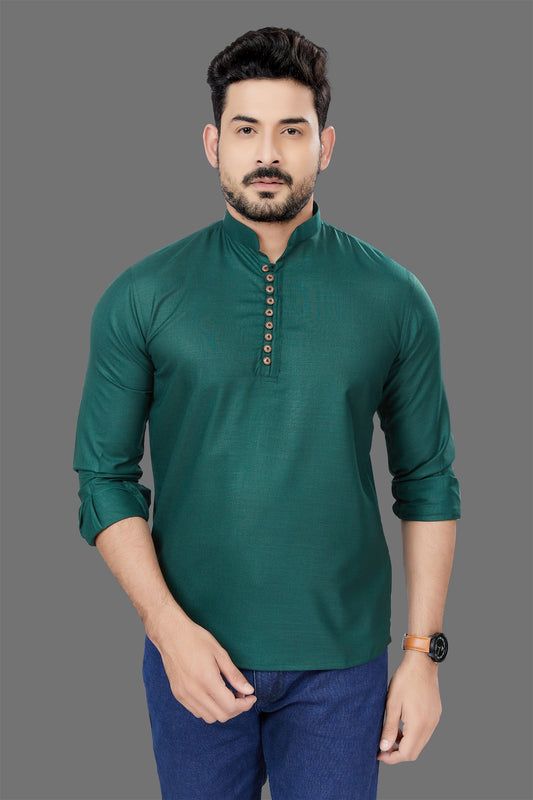 Green Cotton Short Kurta For Mens