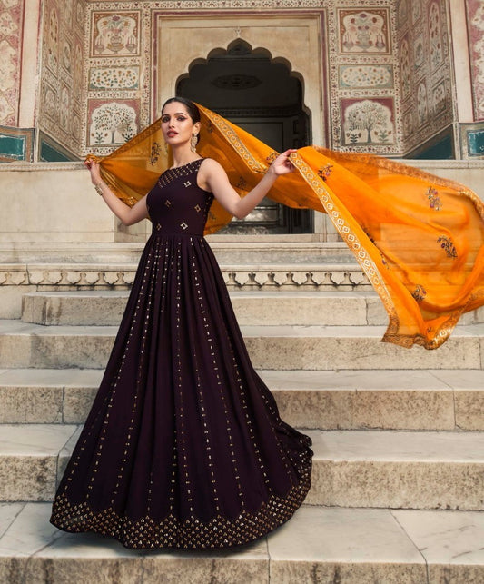 Purple Women's Gown With Mustard Yellow Dupatta