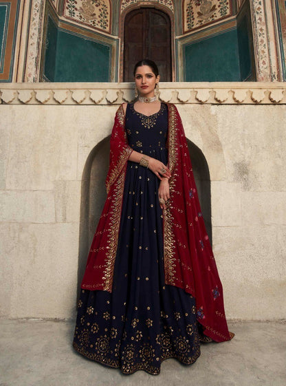 Navy Blue Women's Gown With Maroon Stylish Dupatta