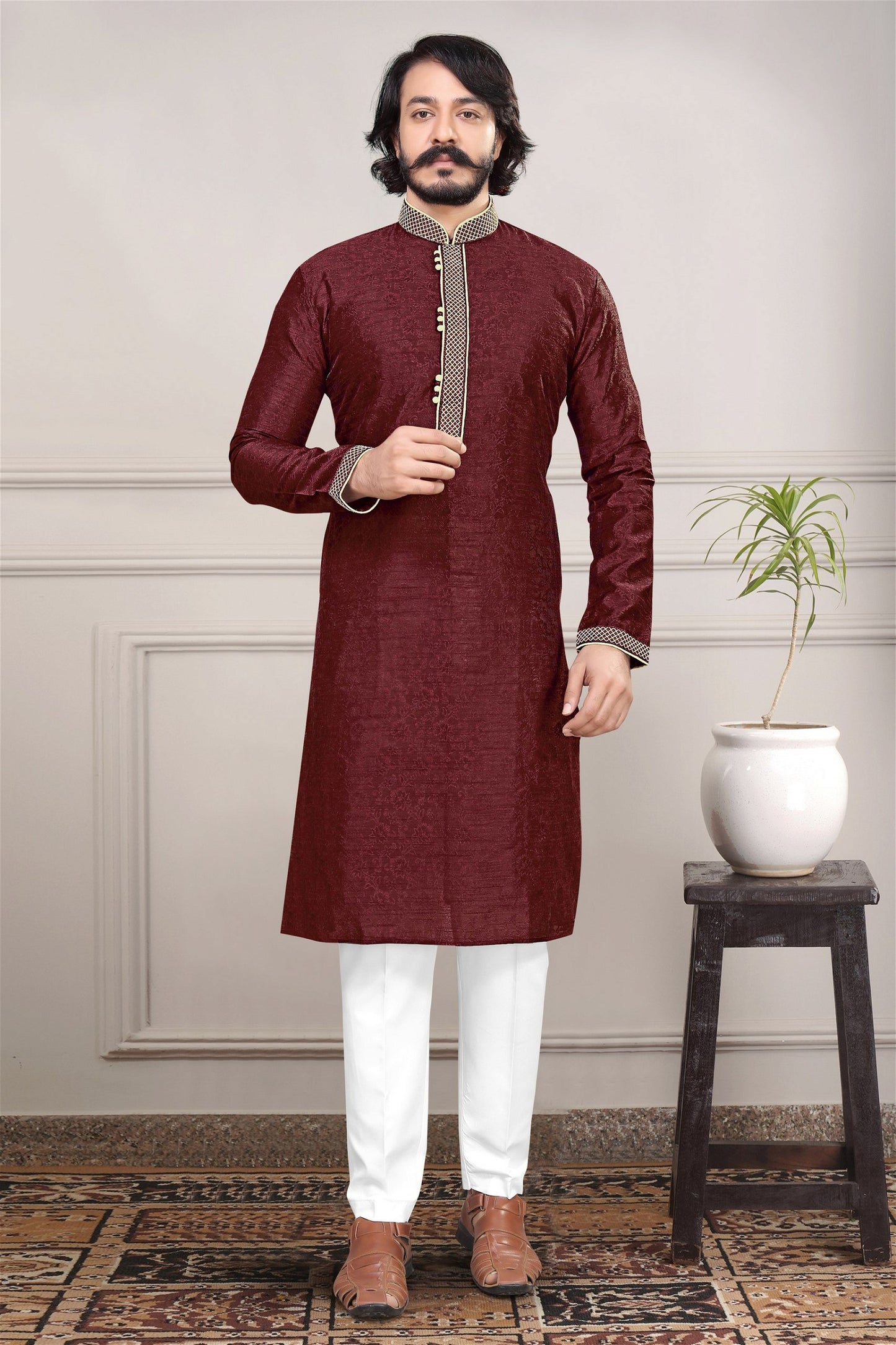 Maroon Colour Designer Kurta With Pajama For Mens