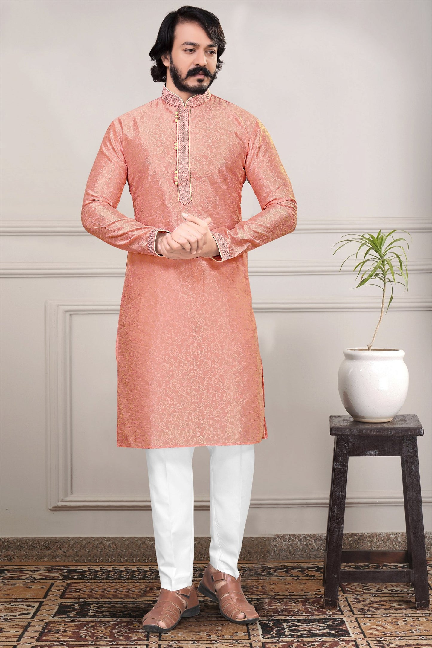 Peach Colour Designer Kurta With Pajama For Mens