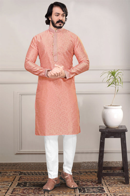 Peach Colour Designer Kurta With Pajama For Mens