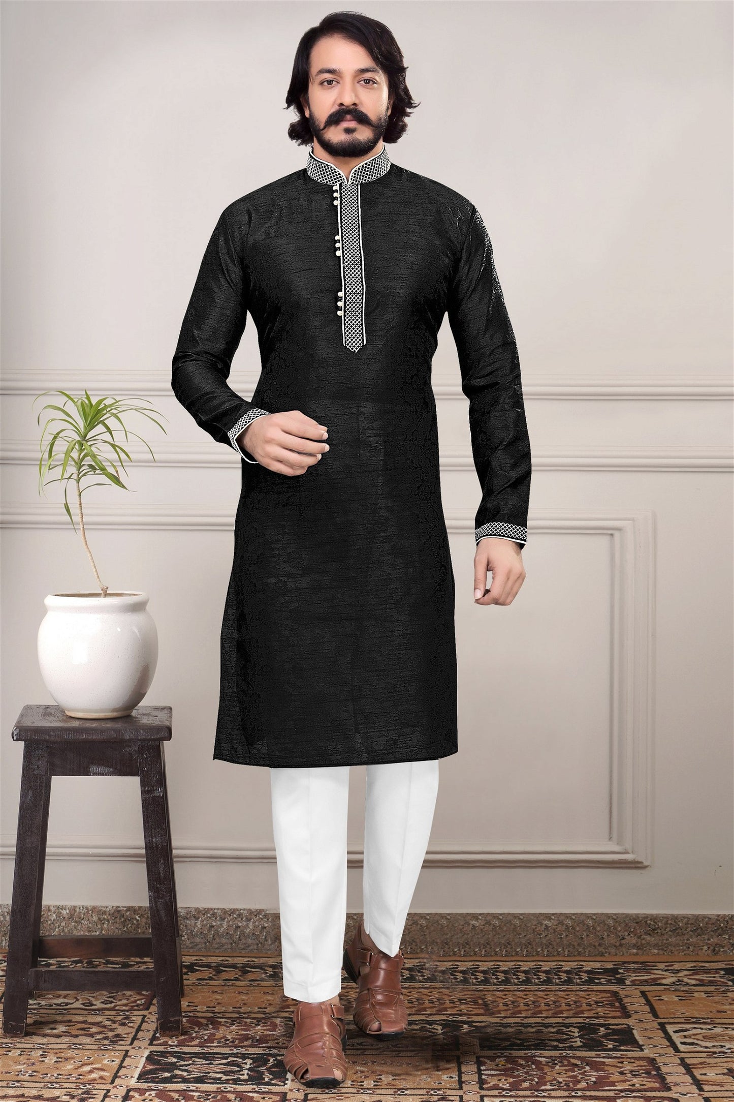 Black Colour Designer Kurta With Pajama For Mens