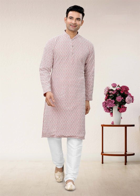 Mens Wear Pink Colour Styles Kurta With Pajama