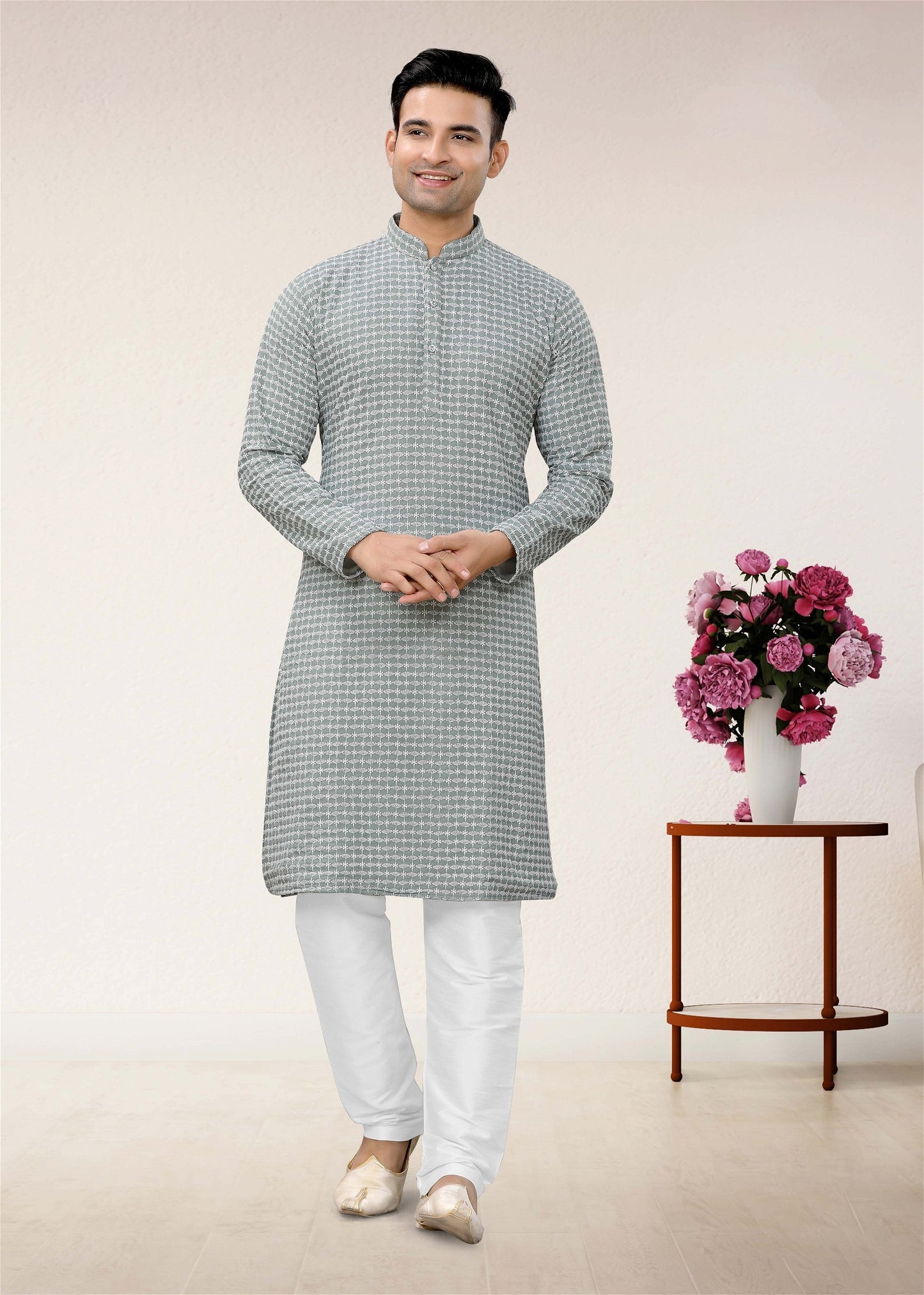 Mens Wear Gray Colour Styles Kurta With Pajama