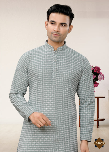 Mens Wear Gray Colour Styles Kurta With Pajama