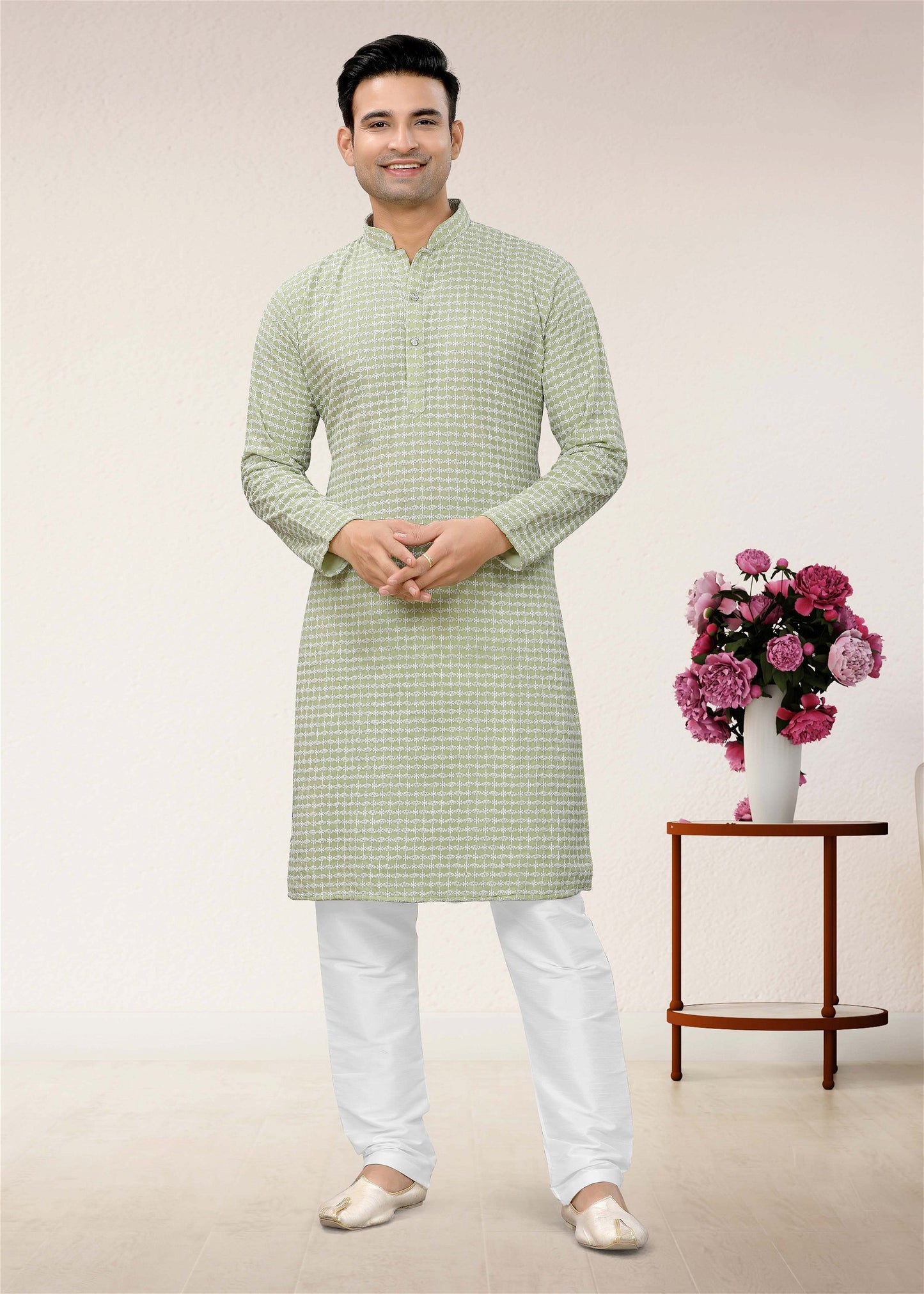 Mens Wear Green Colour Styles Kurta With Pajama