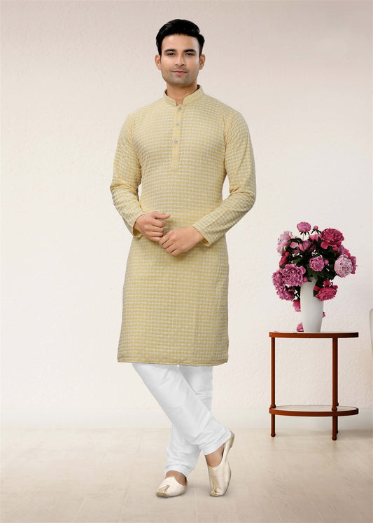 Mens Wear Yellow Colour Styles Kurta With Pajama