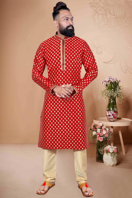 Red Colour Mens Party Wear Kurta With Pajama