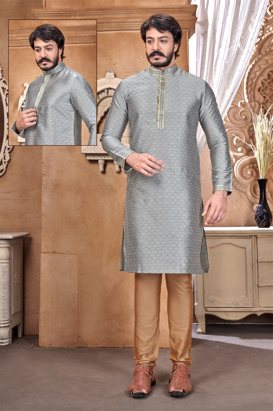 Gray Colour Mens Designer Party Wear Kurta With Pajama