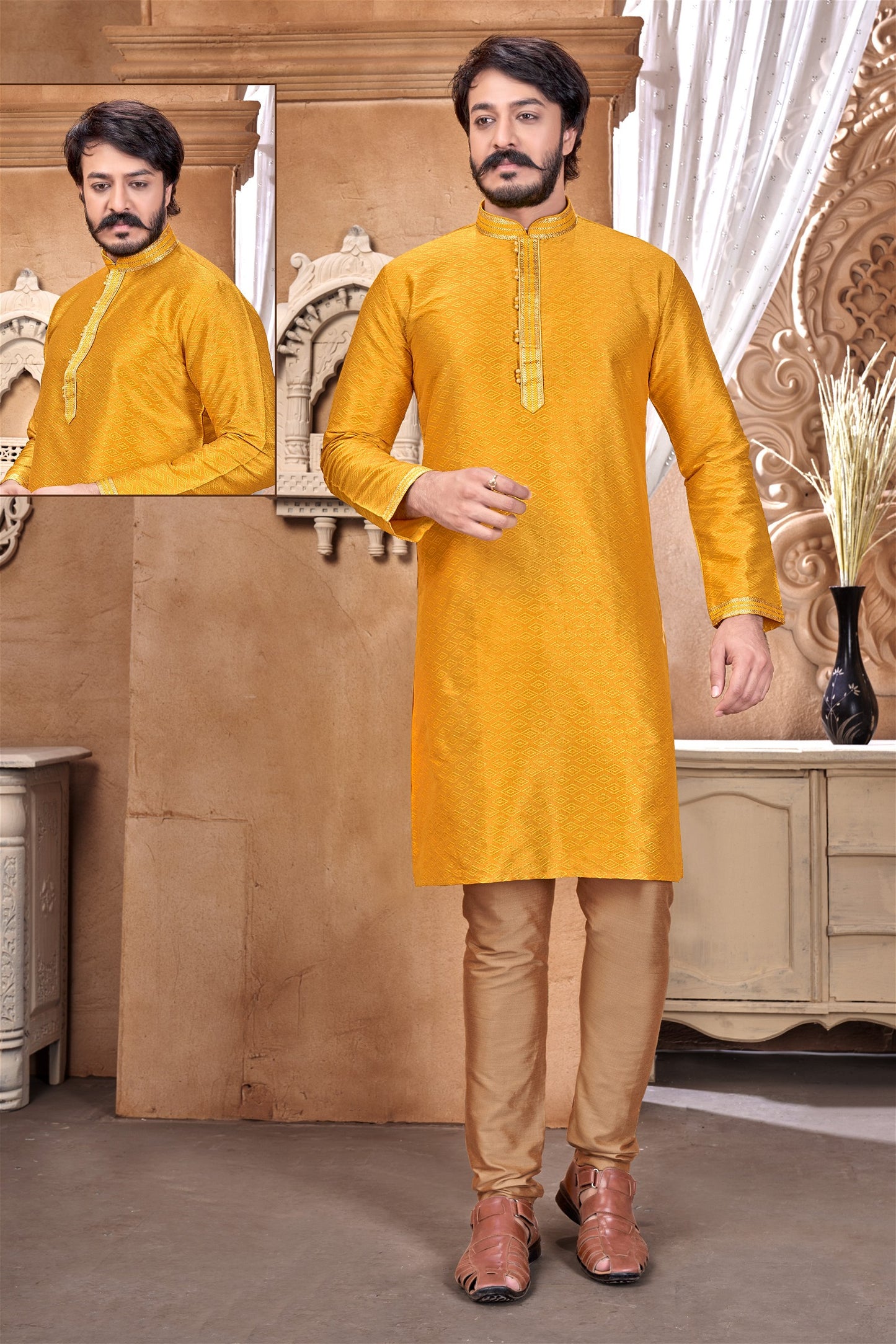 Yellow Colour Mens Designer Party Wear Kurta With Pajama