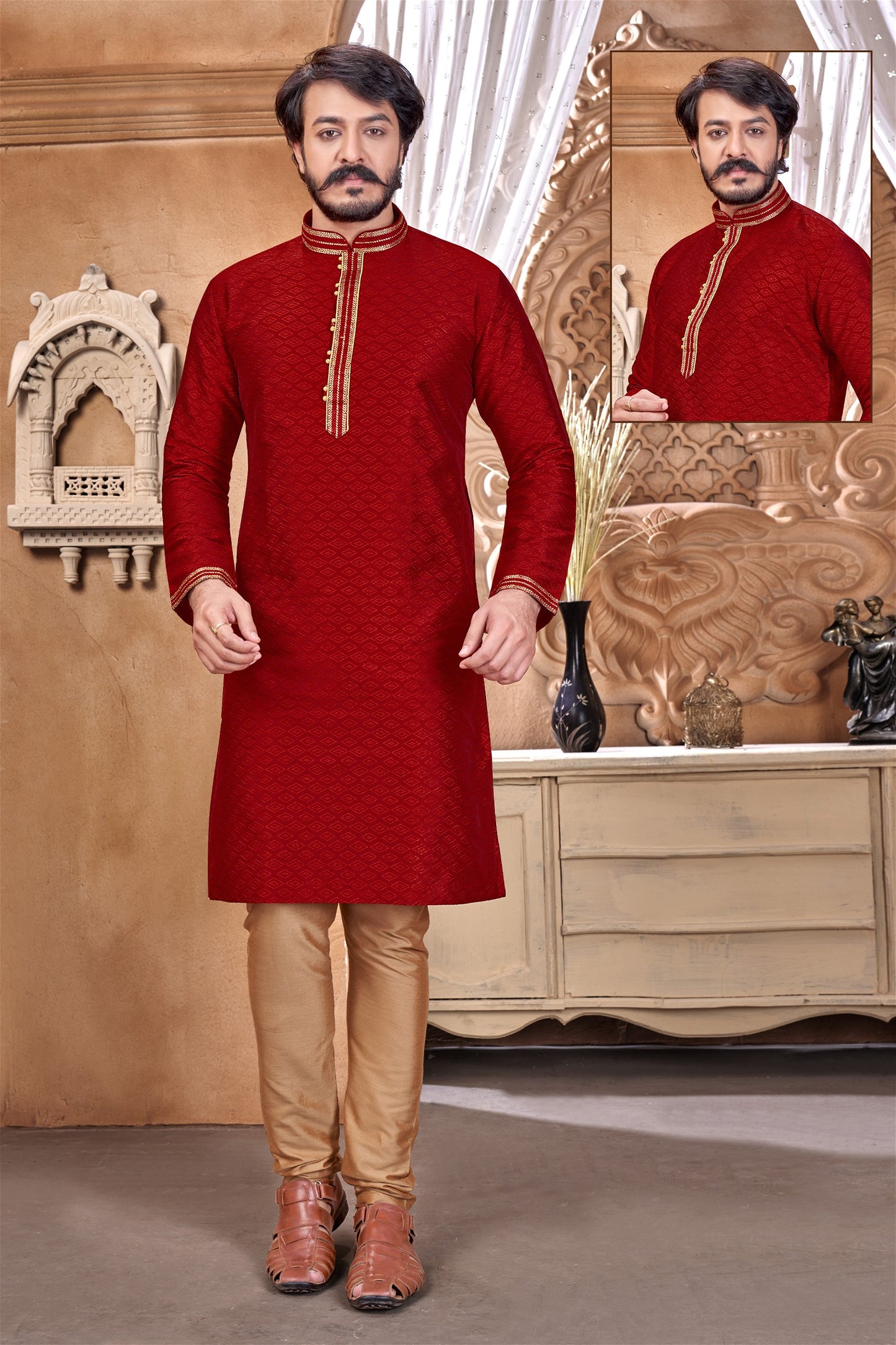 Red Colour Mens Designer Party Wear Kurta With Pajama