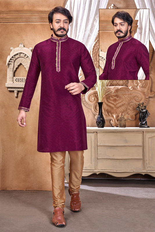 Wine Colour Mens Designer Party Wear Kurta With Pajama