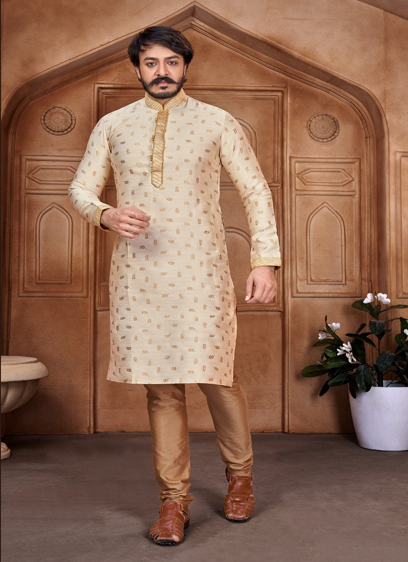 Cream Colour Mens Traditional Party Wear Kurta With Pajama