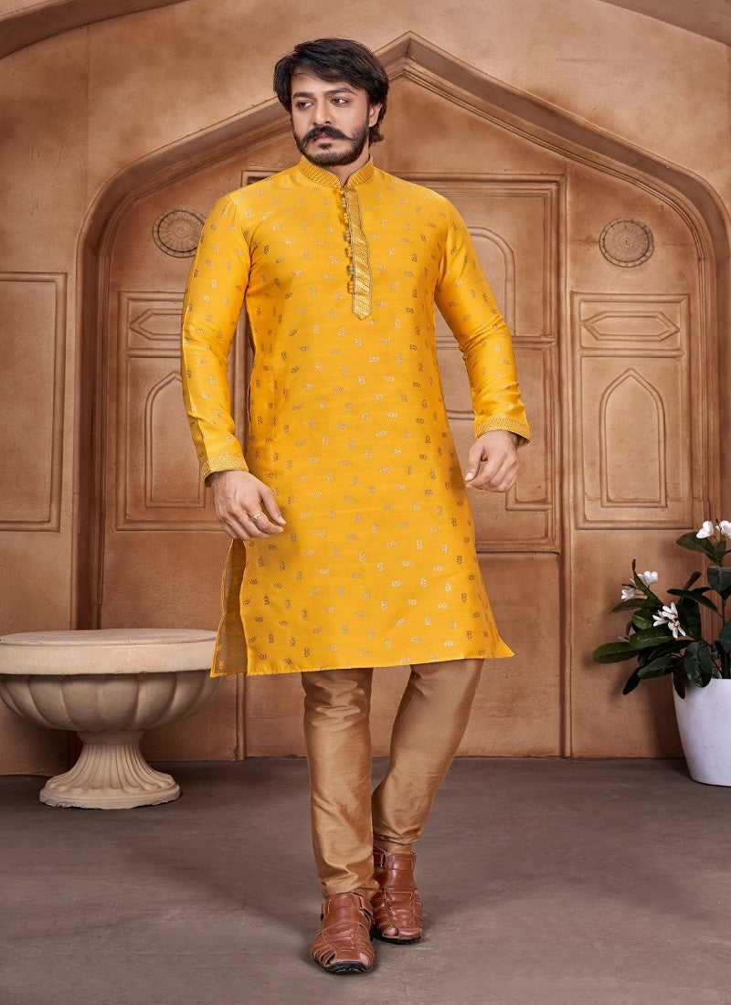 Mustard Colour Mens Traditional Party Wear Kurta With Pajama