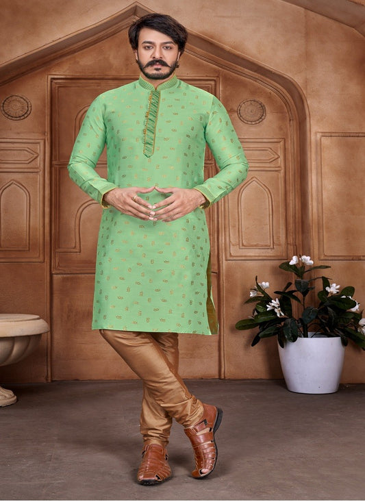 Green Colour Mens Traditional Party Wear Kurta With Pajama