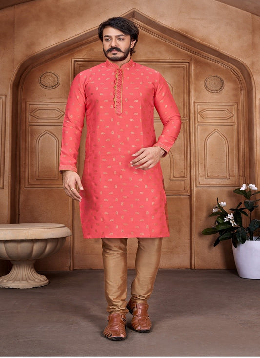 Dark Pink Colour Mens Traditional Party Wear Kurta With Pajama