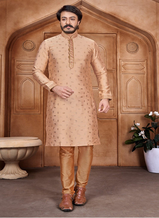 Beige Colour Mens Traditional Party Wear Kurta With Pajama