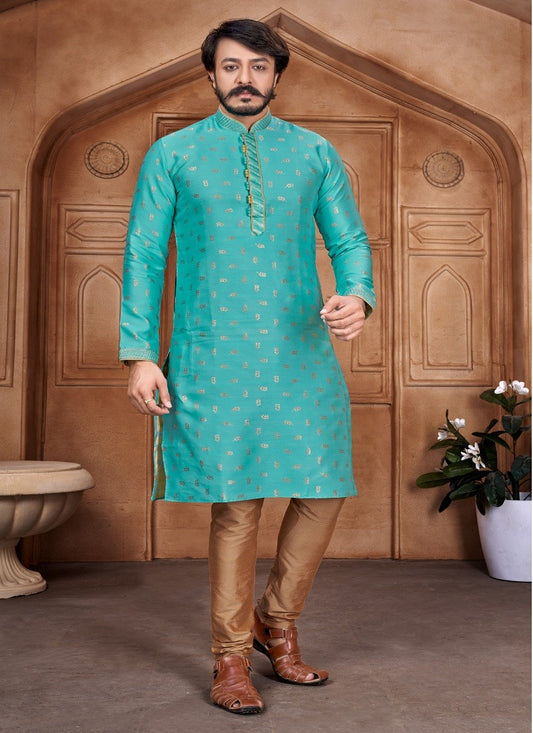 Sea Green Colour Mens Traditional Party Wear Kurta With Pajama