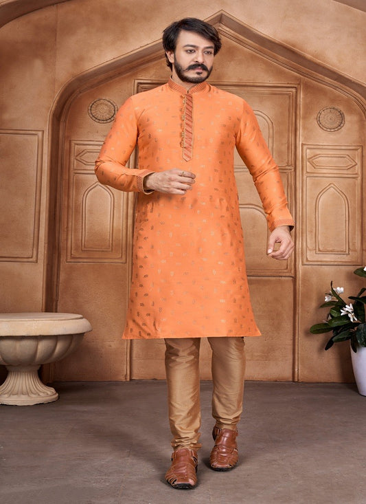 Orange Colour Mens Traditional Party Wear Kurta With Pajama