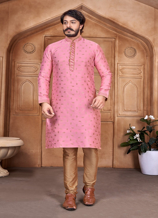 Pink Colour Mens Traditional Party Wear Kurta With Pajama