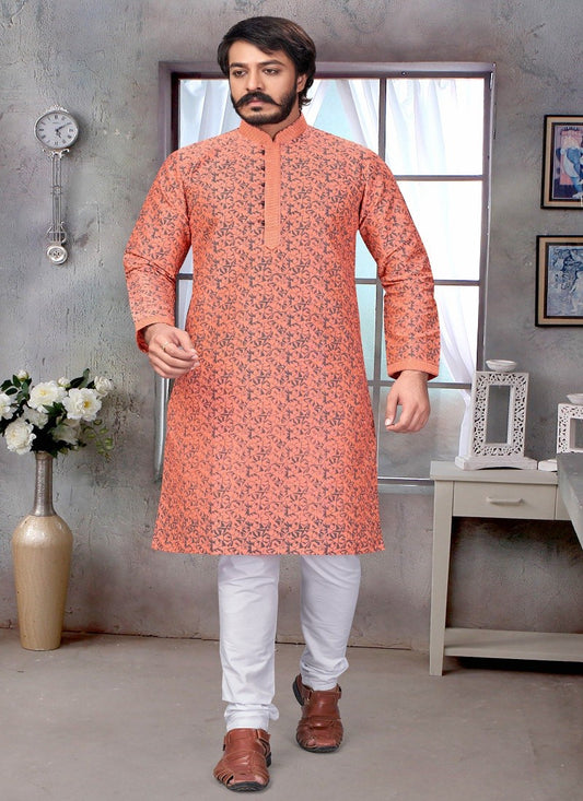 Peach Colour Mens Function Wear Kurta With Pajama