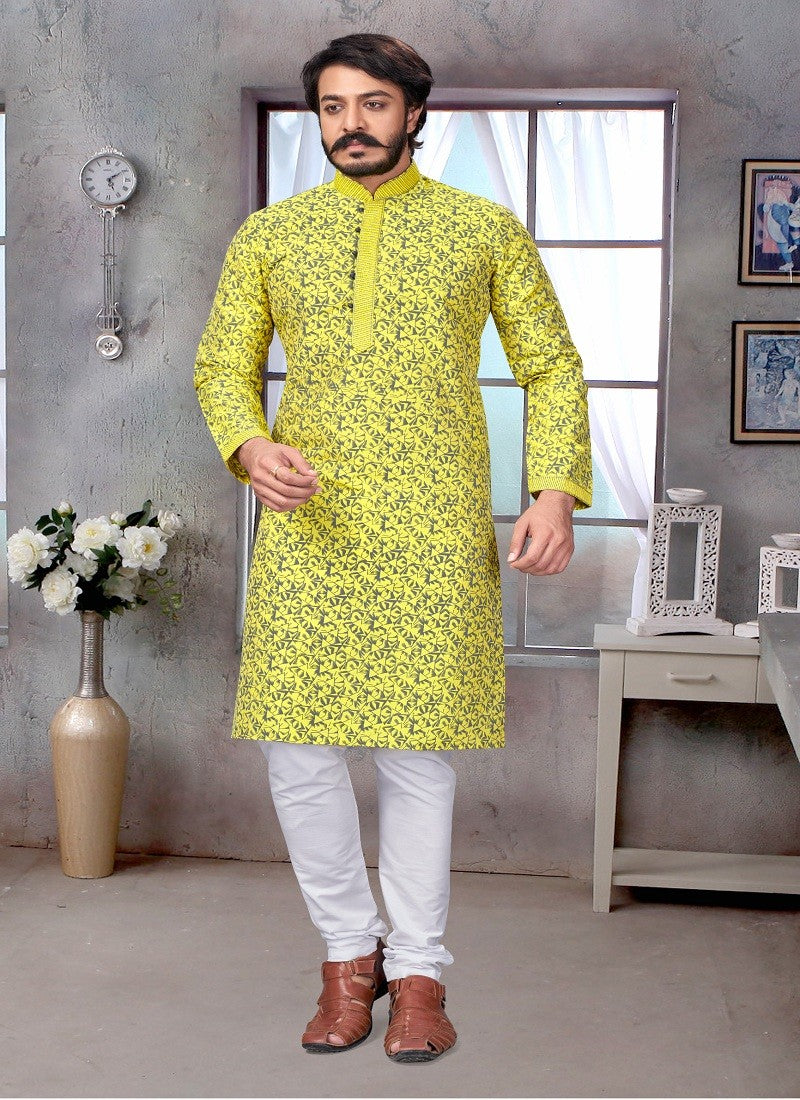 Yellow Colour Mens Function Wear Kurta With Pajama