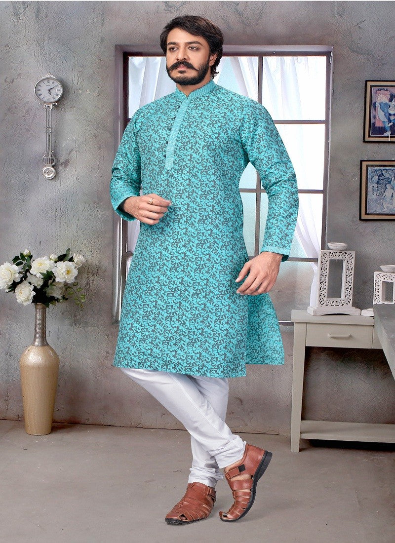 Sky Blue Colour Mens Function Wear Kurta With Pajama