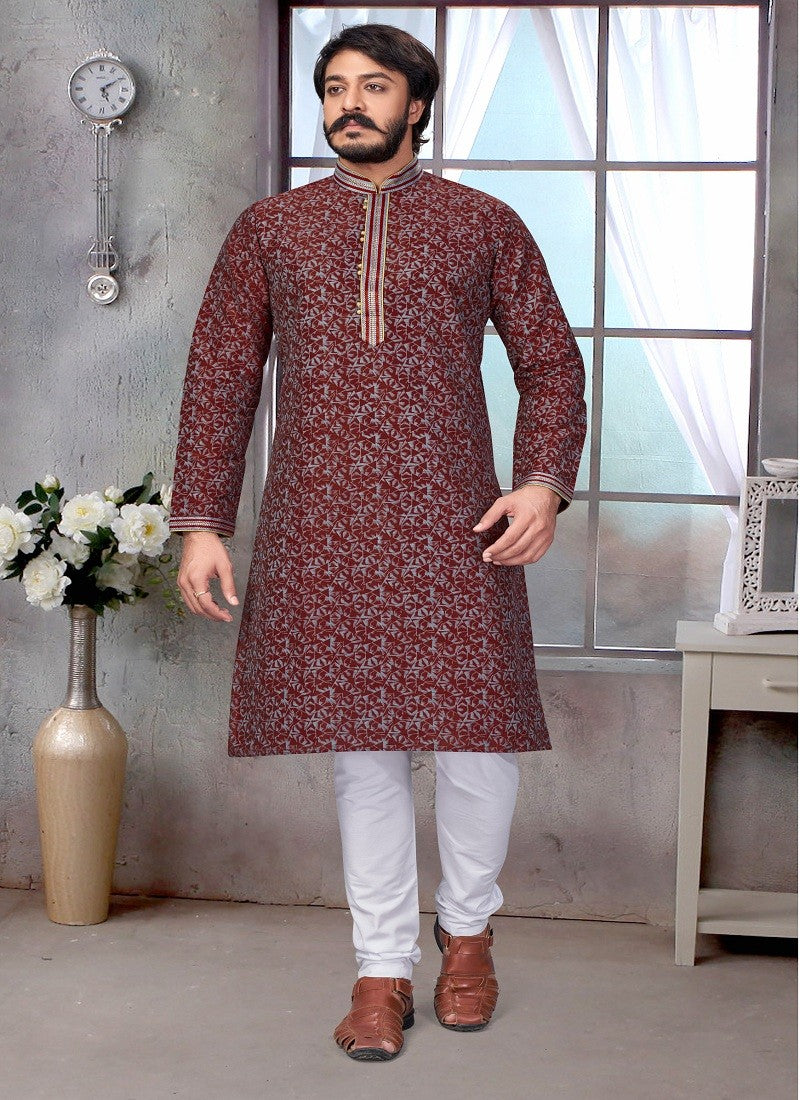 Maroon Colour Mens Function Wear Kurta With Pajama