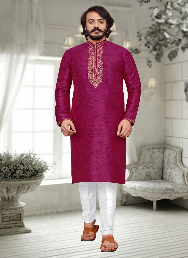 Dark Pink Colour Mens Function Wear Kurta With Pajama