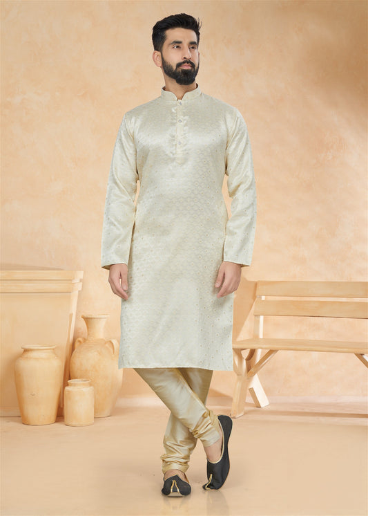 Jacquard Party Wear Kurta Pajama Beige Colour