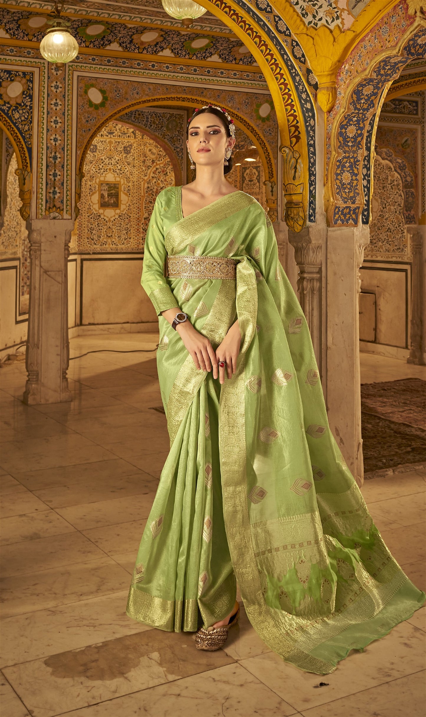 Parrot Green Colour Banarasi Tissue Silk Saree