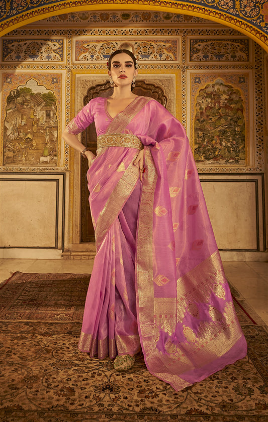 Hot Pink Colour Banarasi Tissue Silk Saree