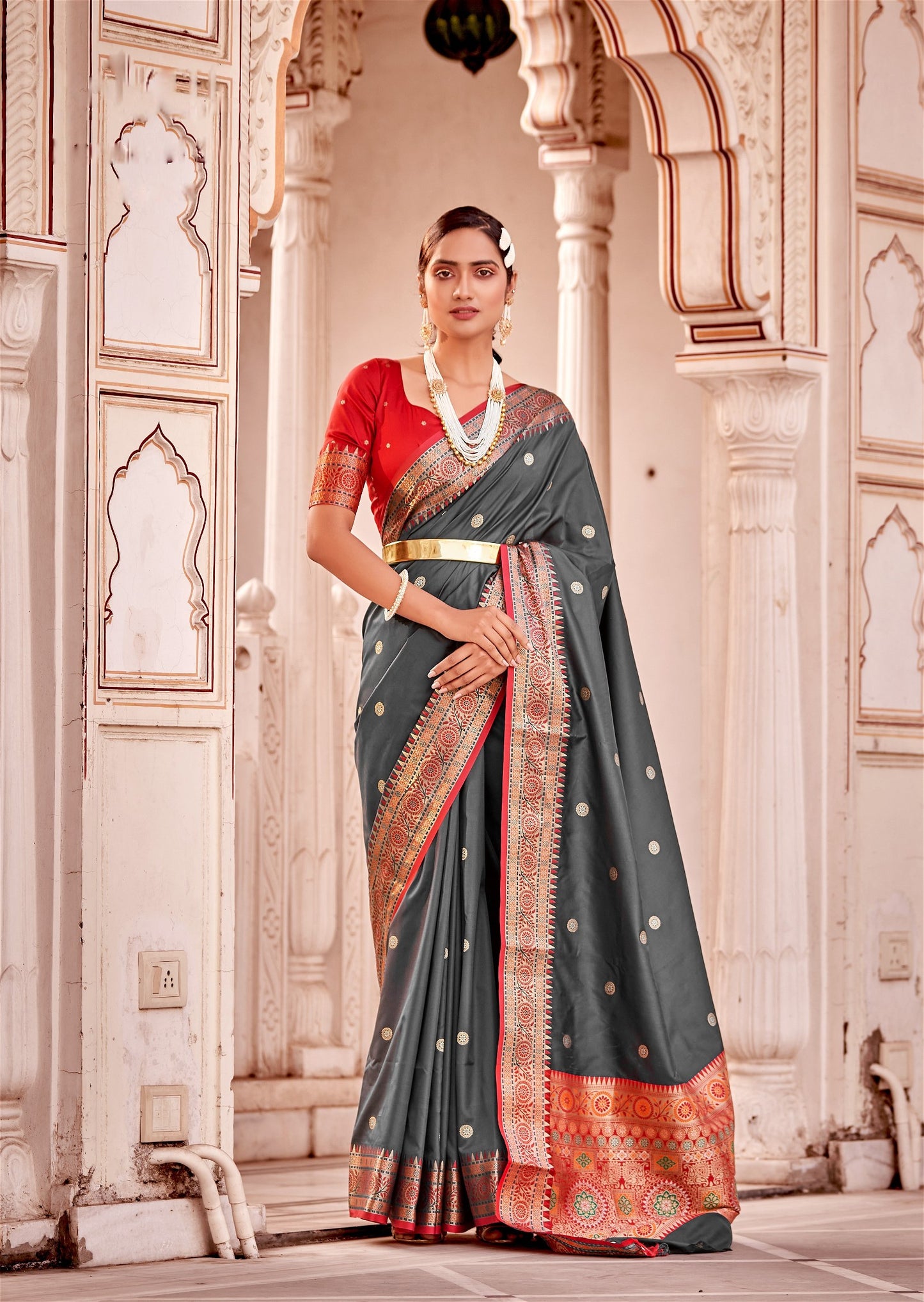 Gray Colour Banarasi Soft Silk Saree For Women's