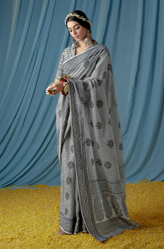 Grey Colour Beautiful Traditional Wear Lucknowi Linen Saree