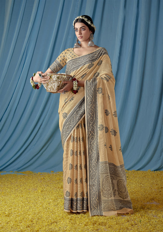 Light Yellow Colour Beautiful Traditional Wear Lucknowi Linen Saree