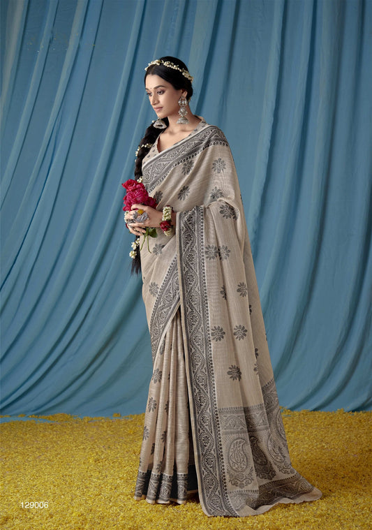 Light Brown Colour Beautiful Traditional Wear Lucknowi Linen Saree