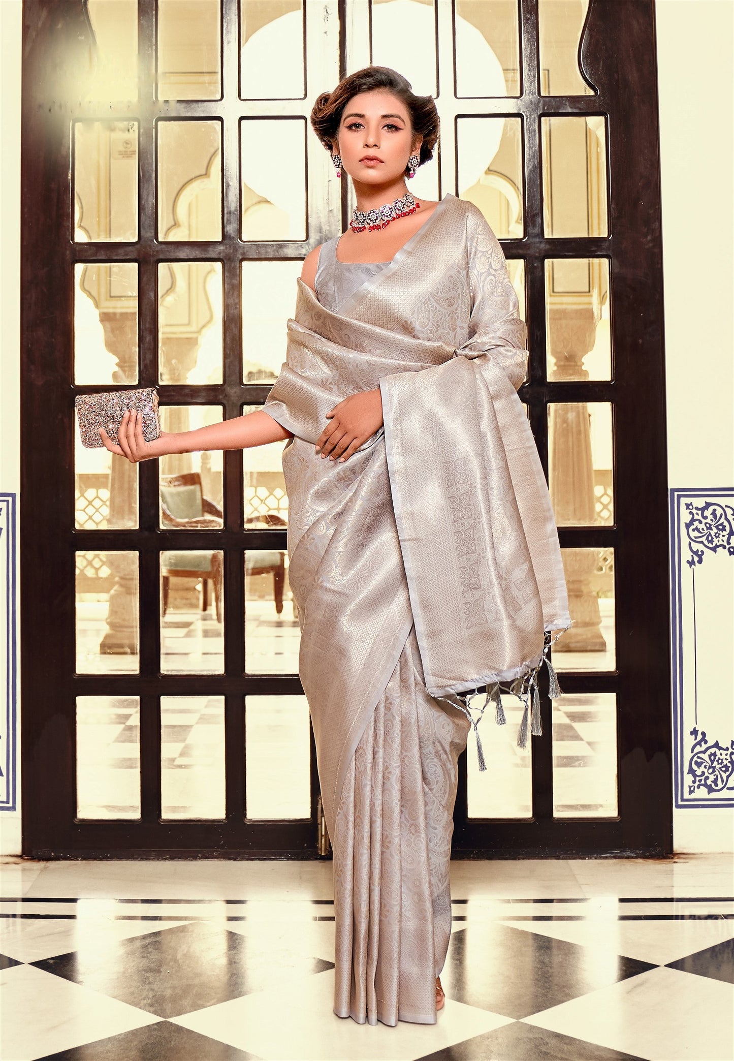 Pastel Grey Colour Wedding Wear Kanjivaram Silk Saree