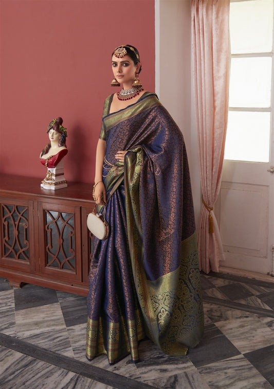 Navy Blue Colour Soft Kanjivaram Silk With Copper Zari Weaving