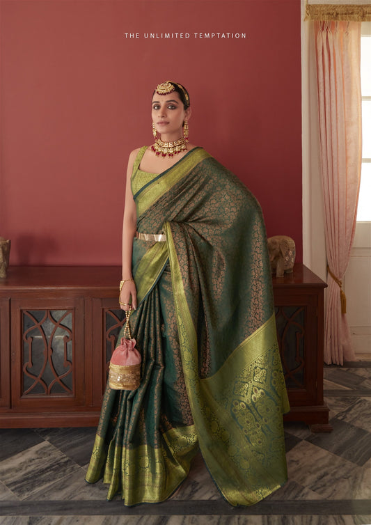 Green Colour Soft Kanjivaram Silk With Copper Zari Weaving