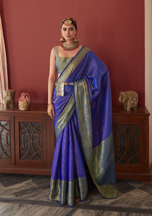 Blue Colour Soft Kanjivaram Silk With Copper Zari Weaving