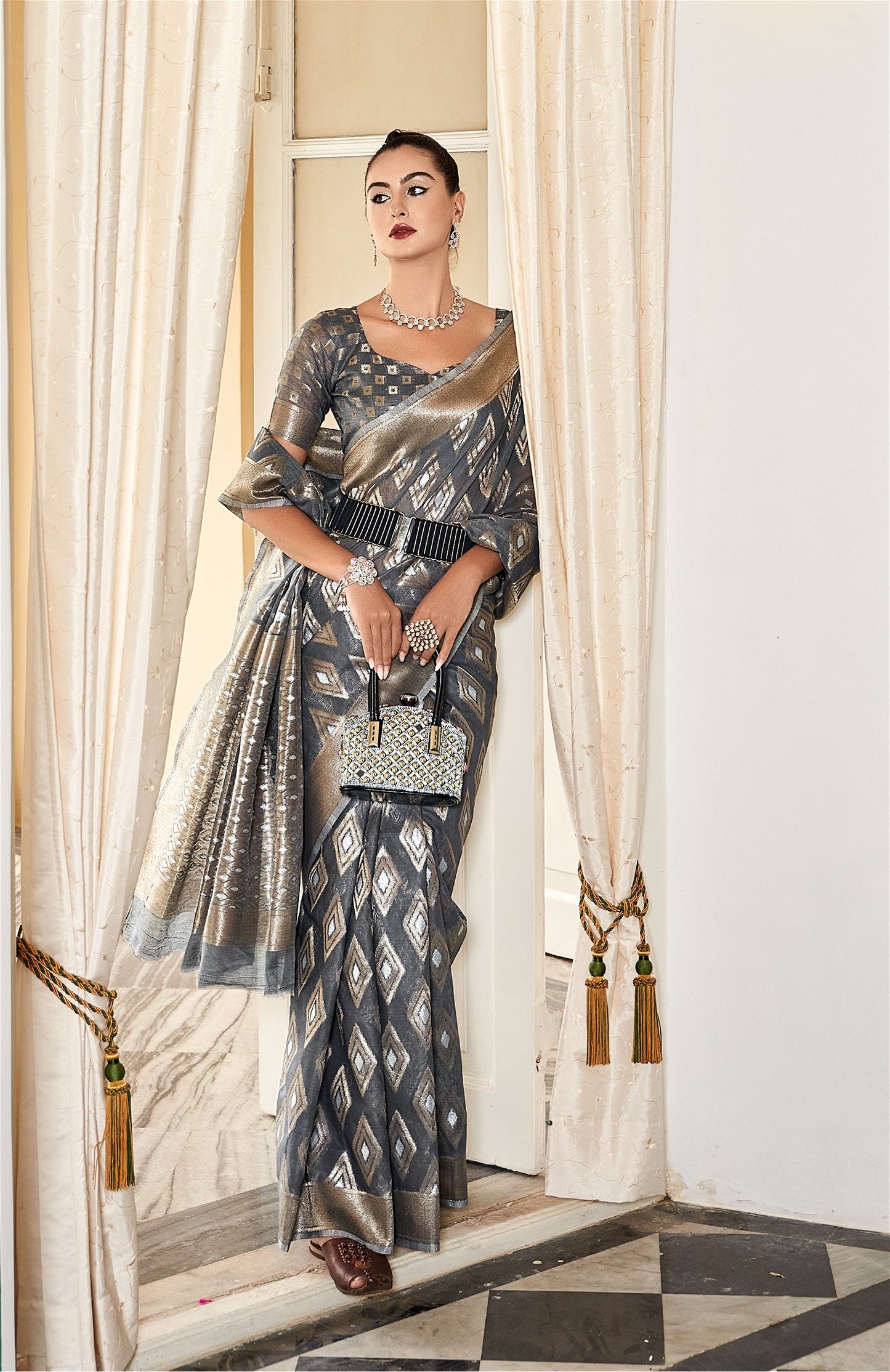 Grey Colour Pure Cotton Modal Silk Saree