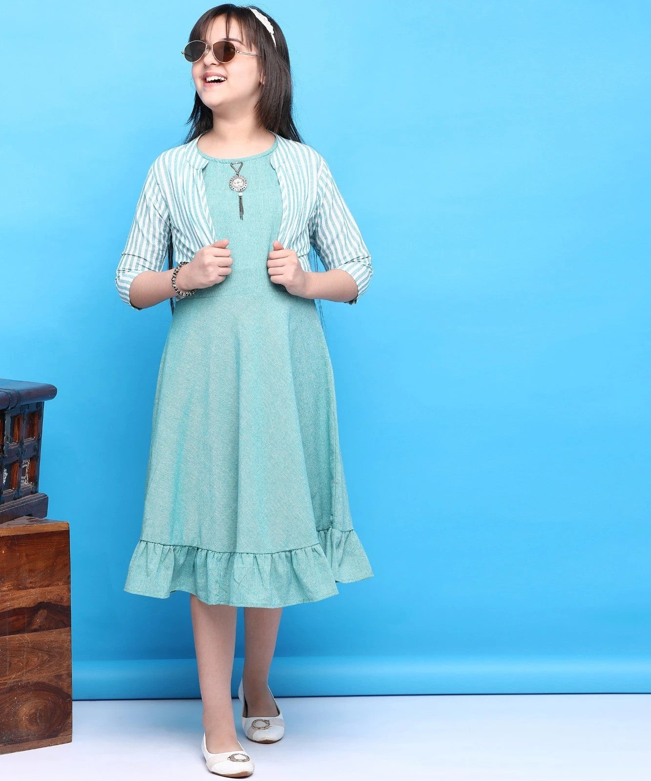 Aqua Colour Cotton Below Knee Casual Dress For Girls