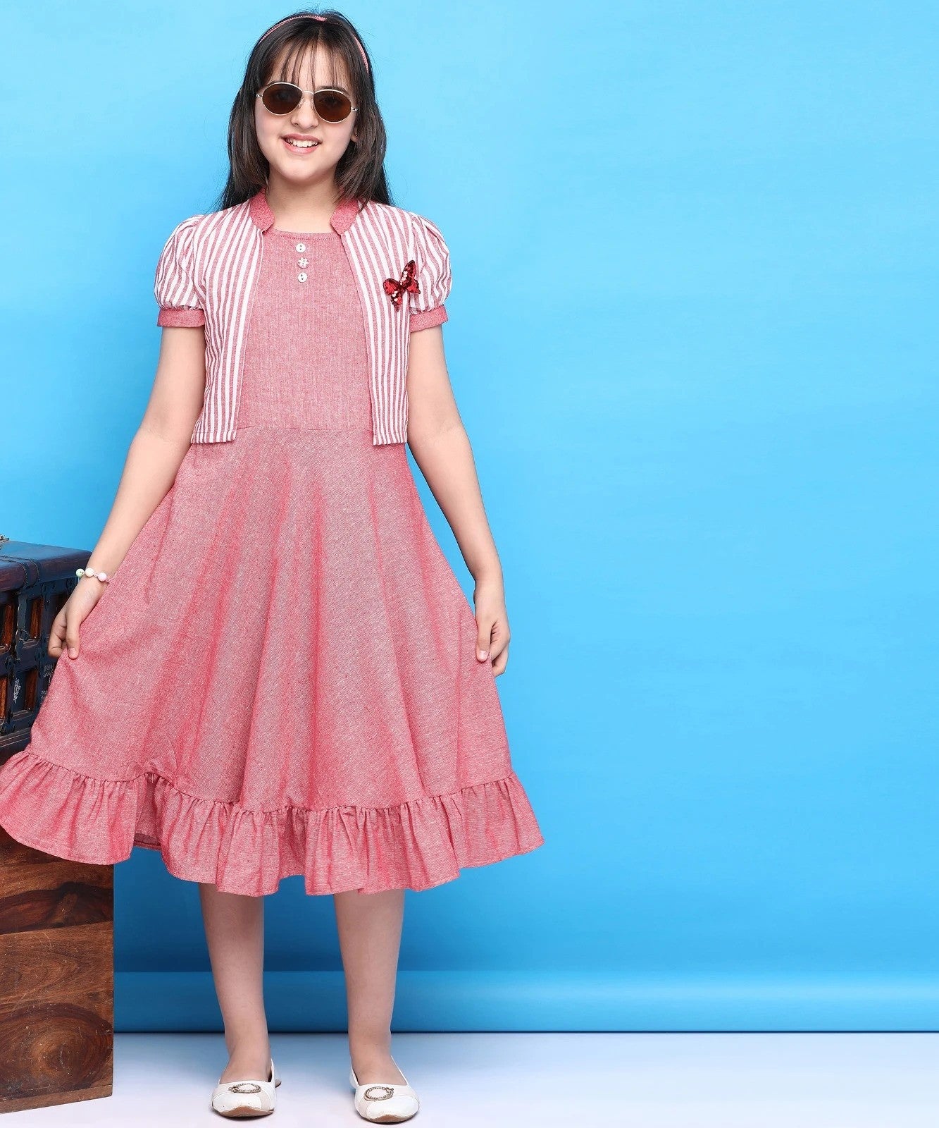 Pink Colour Cotton Below Knee Casual Dress For Girls